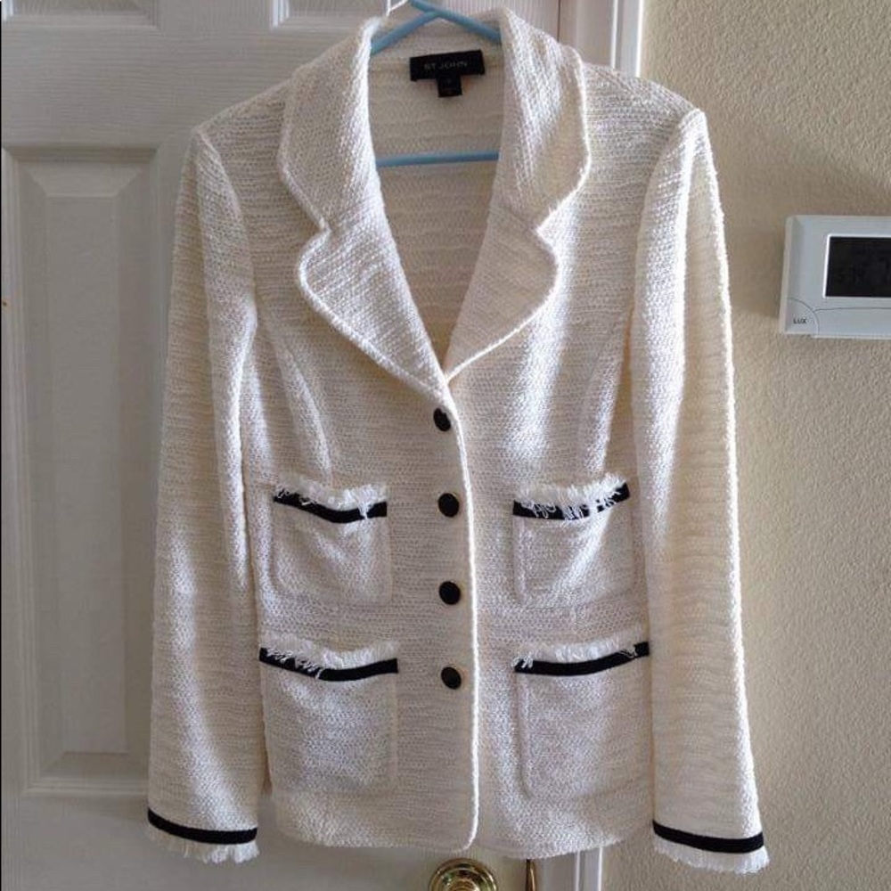 St.john Grosgrain Ribbon Jacket, White/Caviar